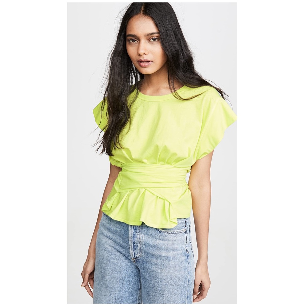 A.L.C. Neon Lime Wrap-Peplum Short Sleeve Tee